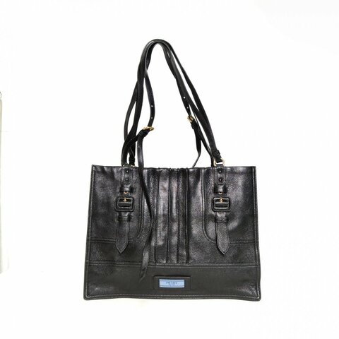 PRADA 黑色牛皮金扣復古2way手提托特包公文郵差包肩背包