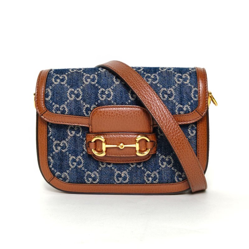 GUCCI Horsebit馬銜扣1955馬鞍包Mini20.5牛仔藍牛皮/帆布金扣肩背包-0