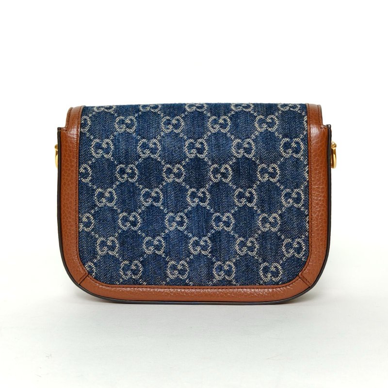 GUCCI Horsebit馬銜扣1955馬鞍包Mini20.5牛仔藍牛皮/帆布金扣肩背包-2