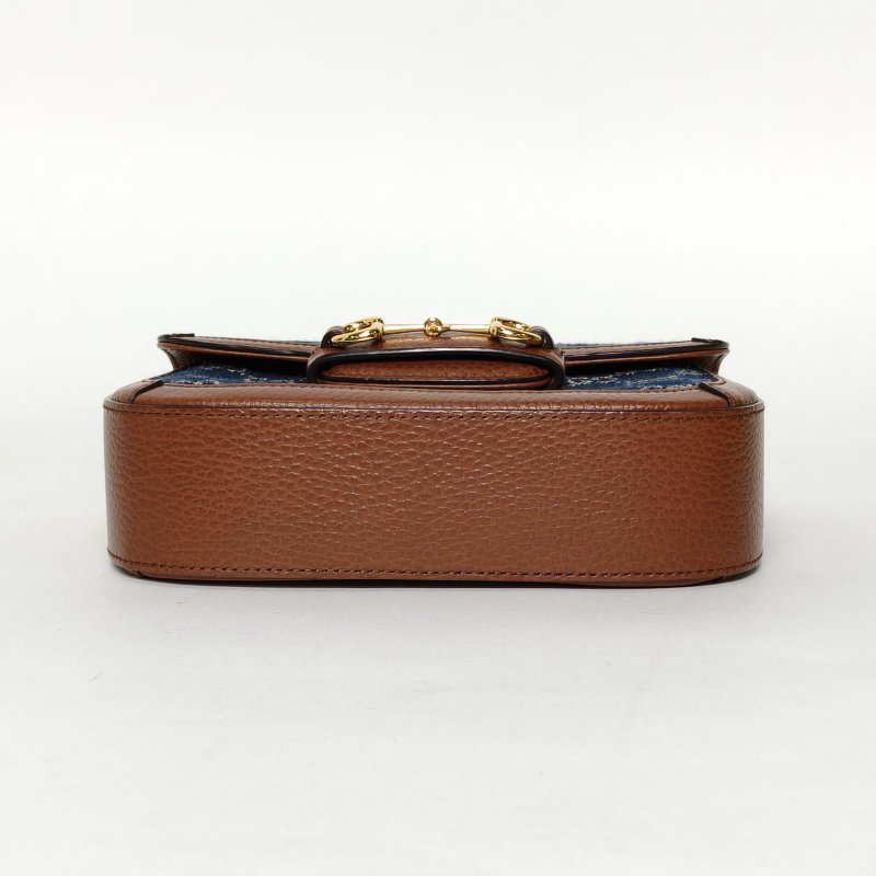 GUCCI Horsebit馬銜扣1955馬鞍包Mini20.5牛仔藍牛皮/帆布金扣肩背包-4