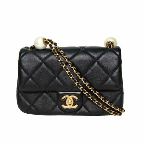 CHANEL 24SCF大mini湯圓調節扣鏈條黑色羊皮晶片開金扣菱格紋肩背包