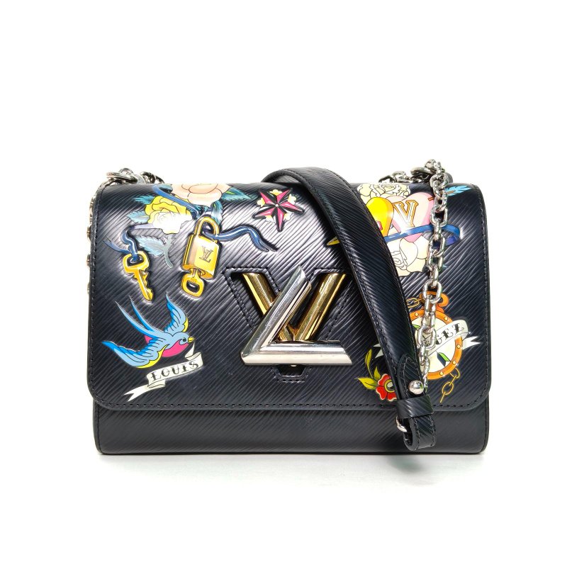 LOUIS VUITTON TWIST中號23黑色EPI水波紋牛皮金銀扣2018限量浮雕塗鴉肩背包-0