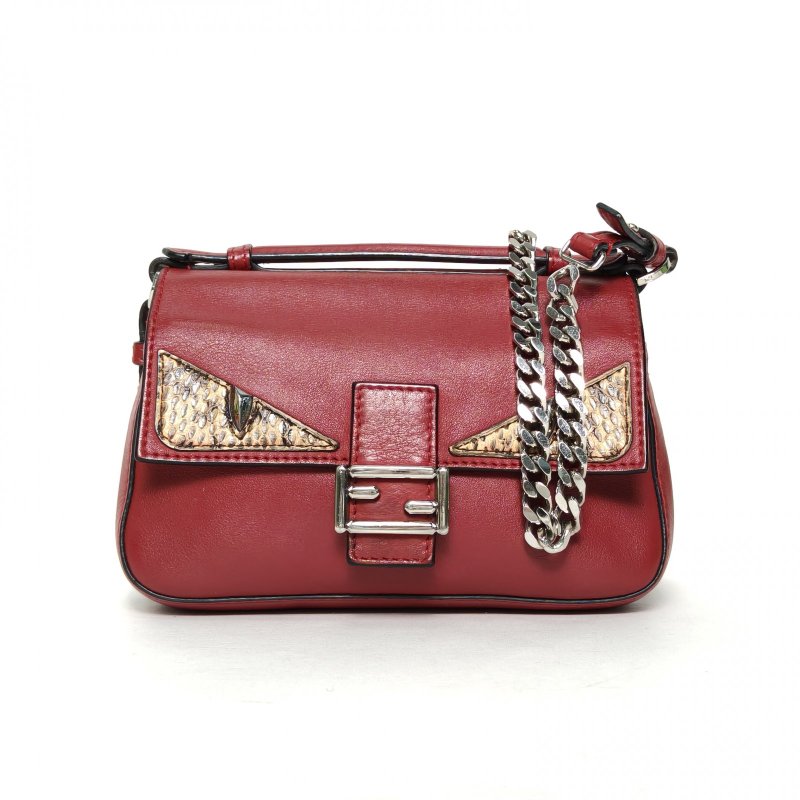 FENDI 紅色牛皮蛇皮銀扣小怪獸法棍包Mini雙面斜挎包/肩背包-0