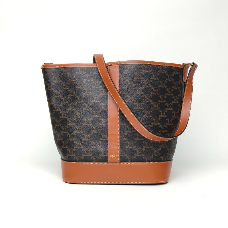CELINE Triomphe凱旋門標誌印花Canvas水桶包中號27老花PVC金扣肩背包-0