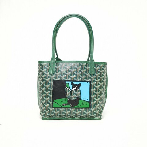 GOYARD Anjou雙面購物袋Mini20綠色牛皮/帆布銀扣牛皮帆布限量法鬥印花肩背包