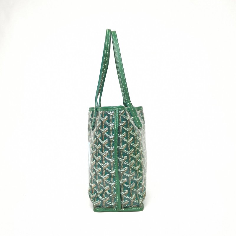 GOYARD Anjou雙面購物袋Mini20綠色牛皮/帆布銀扣牛皮帆布限量法鬥印花肩背包-1