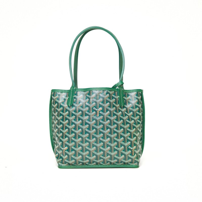 GOYARD Anjou雙面購物袋Mini20綠色牛皮/帆布銀扣牛皮帆布限量法鬥印花肩背包-2