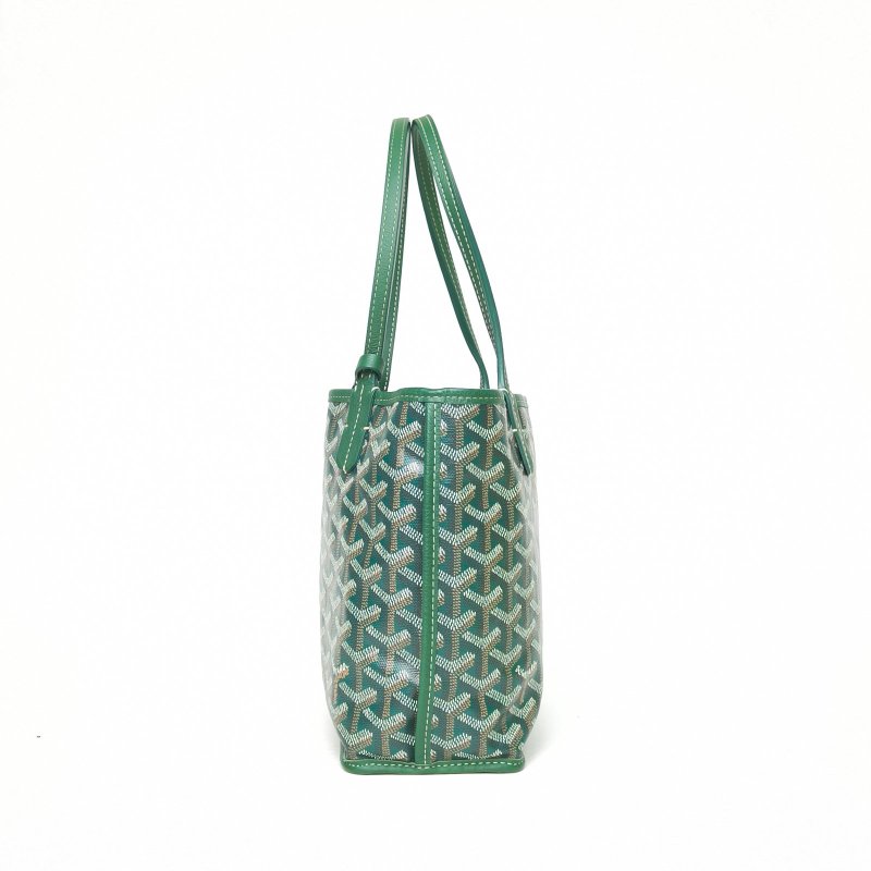 GOYARD Anjou雙面購物袋Mini20綠色牛皮/帆布銀扣牛皮帆布限量法鬥印花肩背包-3