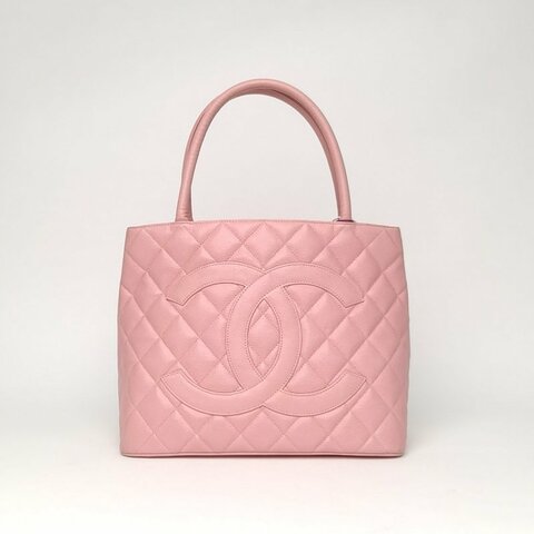 CHANEL 中古希爾頓銀幣包粉紅色荔枝牛皮8開銀扣肩背包