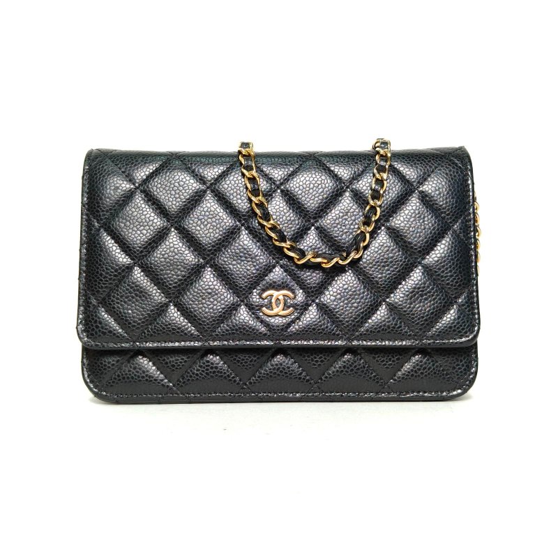 CHANEL CFWOC19黑色荔枝牛皮晶片開金扣肩背包-0