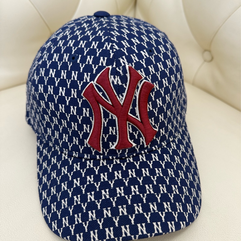 全新韓國MLB藍色滿版刺繡logo棒球帽硬頂 NY LA 紐約洋基隊鴨舌帽洛杉磯道奇隊 Yankees 遮陽帽 老帽-0