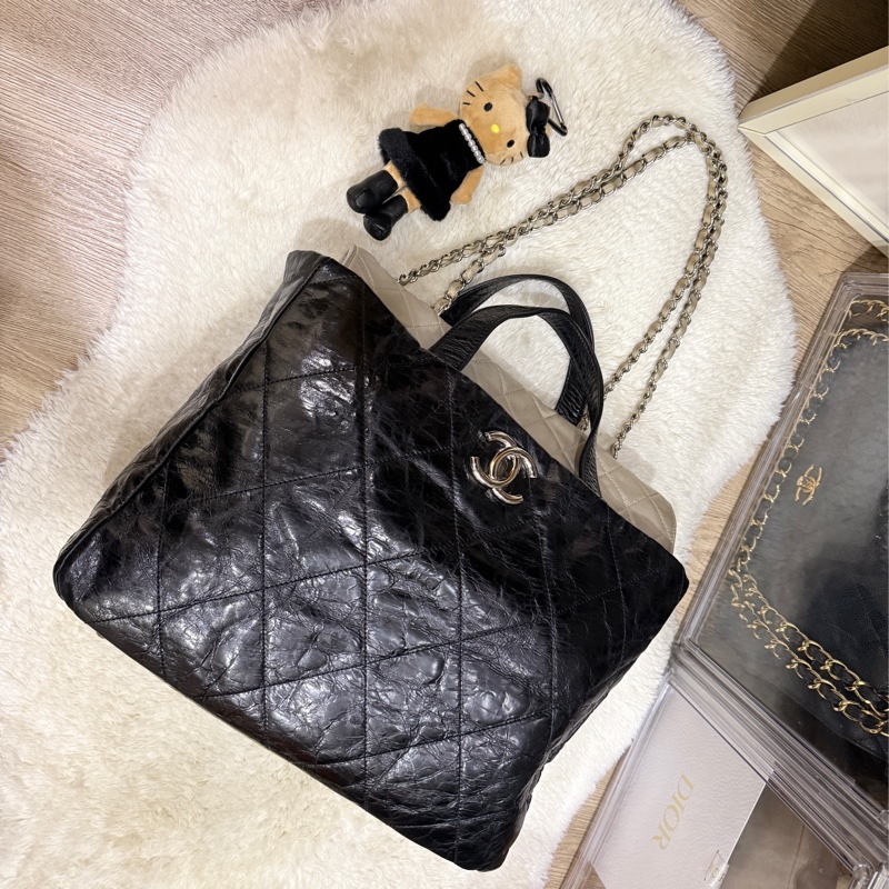 找不到的超級甜價CHANEL 香奈兒 蠟光牛皮 黑色肩背 手提 托特包 通勤包 上班包 媽媽包-0