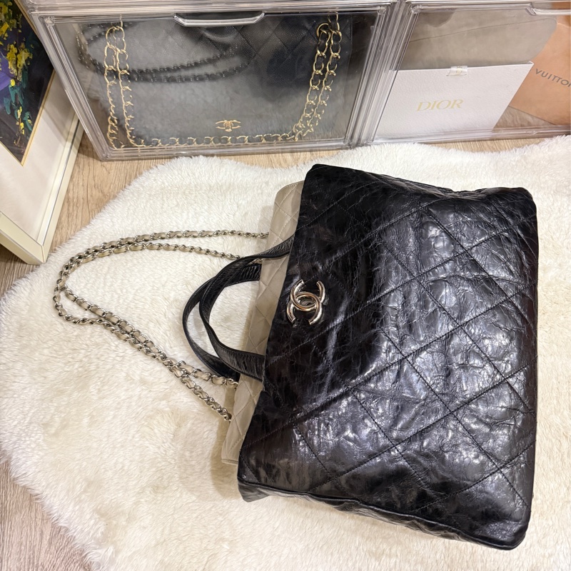 找不到的超級甜價CHANEL 香奈兒 蠟光牛皮 黑色肩背 手提 托特包 通勤包 上班包 媽媽包-3