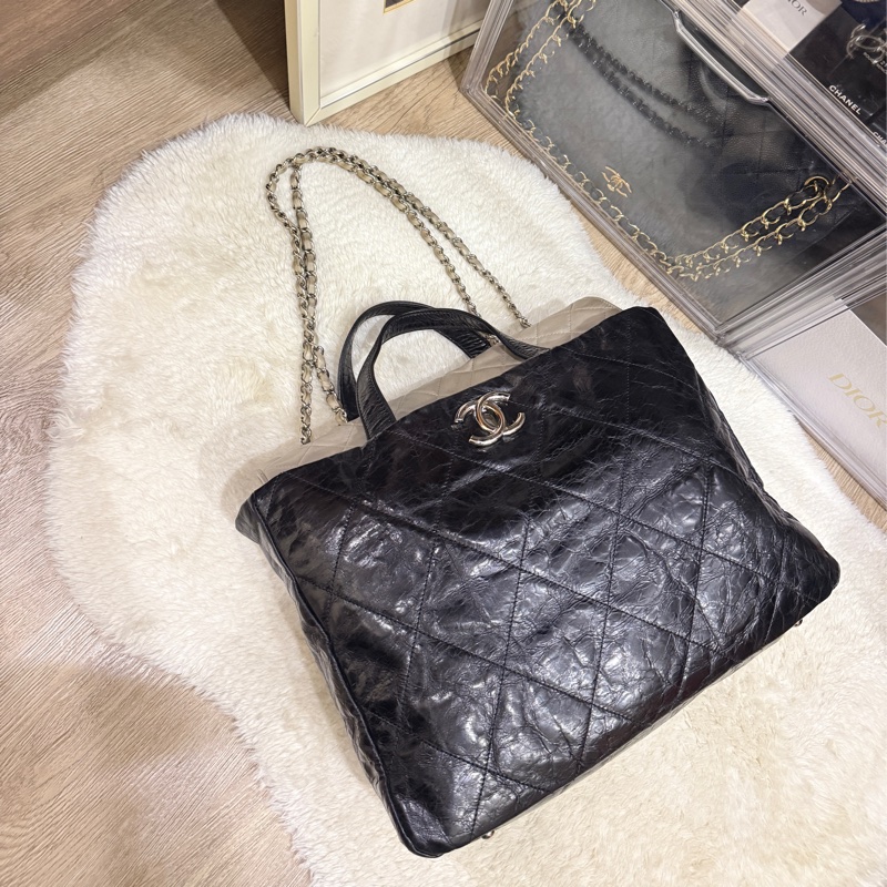 找不到的超級甜價CHANEL 香奈兒 蠟光牛皮 黑色肩背 手提 托特包 通勤包 上班包 媽媽包-53