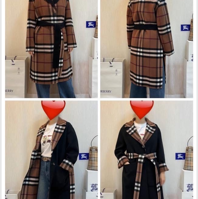 BURBERRY英國雙面樺木棕色格紋羊毛大衣UK4-2
