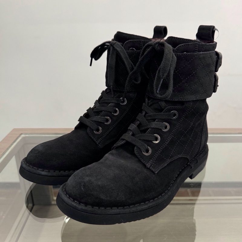 Chanel香奈兒 背後雙C字母logo稜形格紋黑色女款短靴馬丁靴36碼99新-0