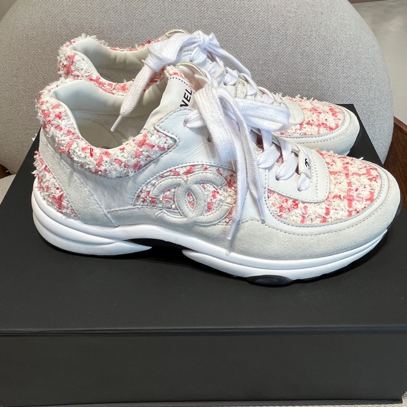 Chanel香奈兒粉色編織運動鞋 粉花呢拼皮系老爹鞋 38碼-0