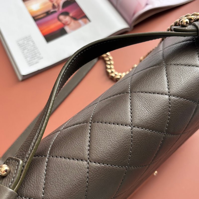 ::CHANEL:: A93703 灰色菱格牛皮金牌下蓋手提側背包 兩用包 上班包 商務包-21