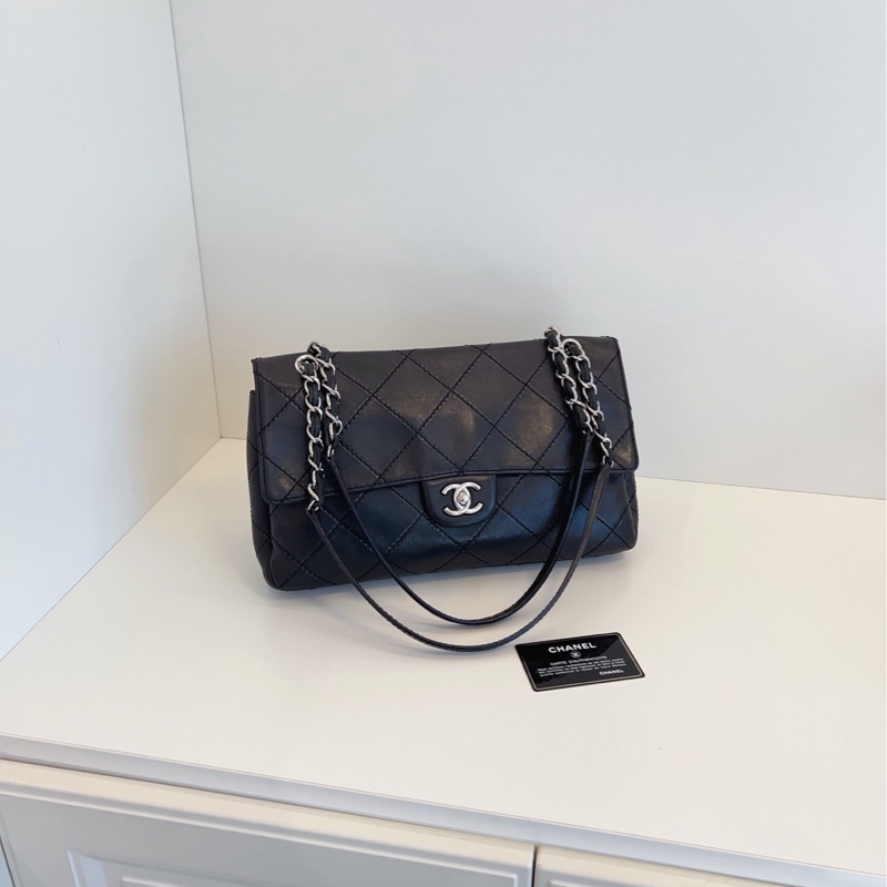 【98新🆕】Chanel 黑銀 CF外縫線 大菱格 季節款 機場 鏈條包 單肩斜挎包-1