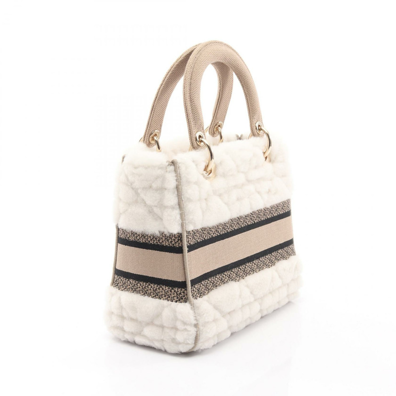 Dior LADY D-LITE 中型肩背包，帆布剪絨，白色/米色，二手女款-1