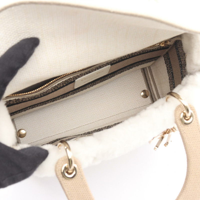 Dior LADY D-LITE 中型肩背包，帆布剪絨，白色/米色，二手女款-2