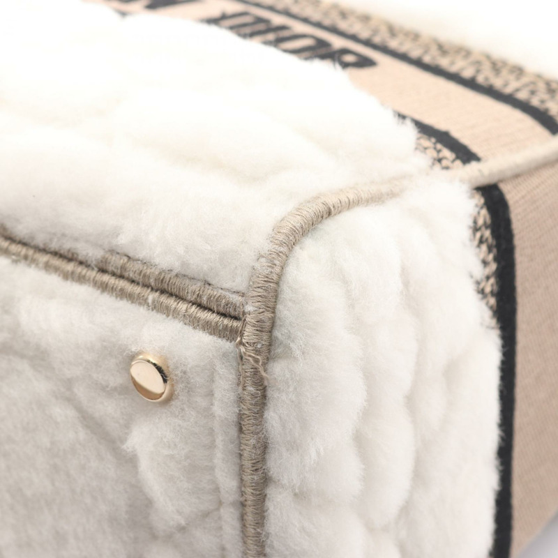 Dior LADY D-LITE 中型肩背包，帆布剪絨，白色/米色，二手女款-4