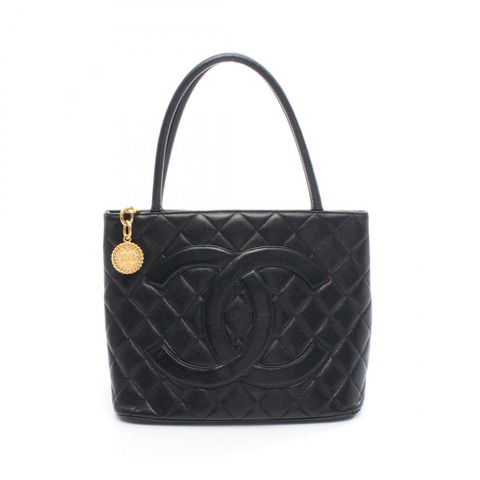 香奈兒 (CHANEL) Medallion 手提包，黑色粒面小牛皮，二手，女士，金色五金配件