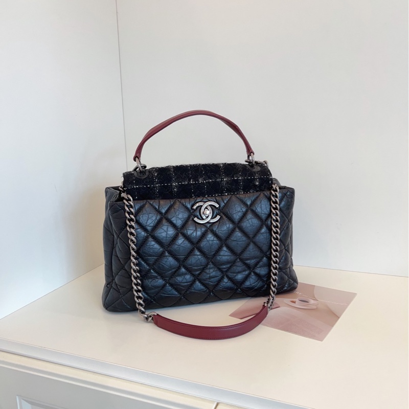 【98新🆕】Chanel 孟買2way枕頭機場托特包 黑銀毛呢拼菱格牛皮 手提包 單肩包-0