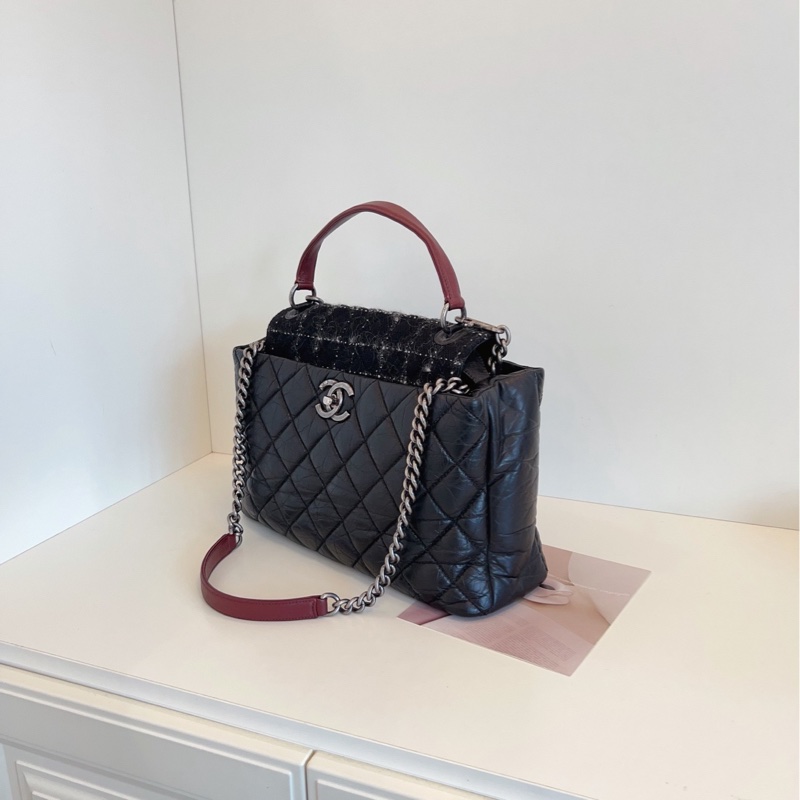 【98新🆕】Chanel 孟買2way枕頭機場托特包 黑銀毛呢拼菱格牛皮 手提包 單肩包-2