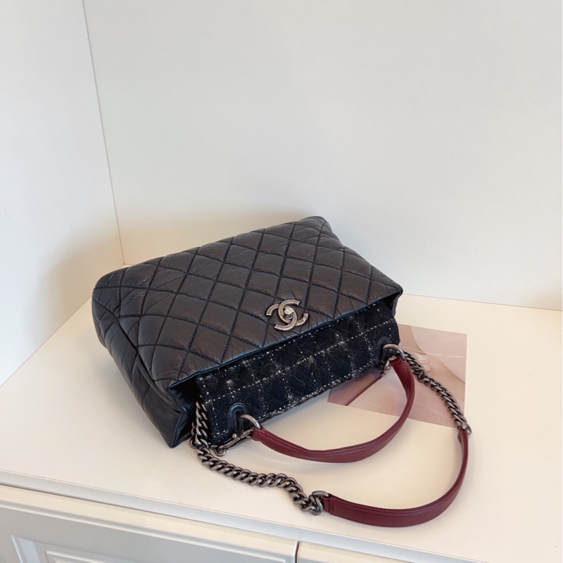 【98新🆕】Chanel 孟買2way枕頭機場托特包 黑銀毛呢拼菱格牛皮 手提包 單肩包-3