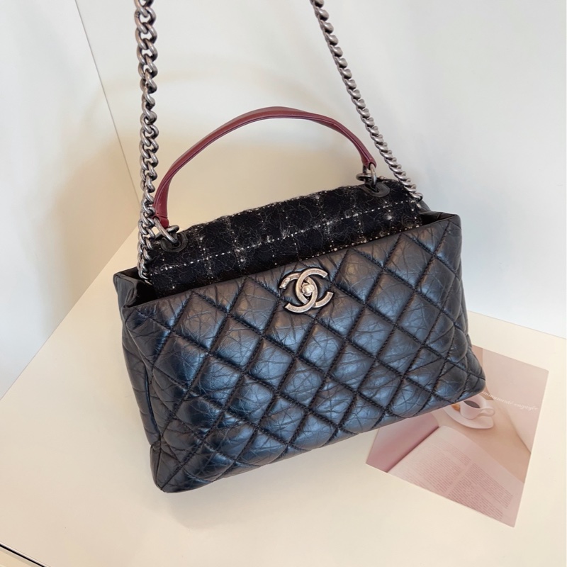 【98新🆕】Chanel 孟買2way枕頭機場托特包 黑銀毛呢拼菱格牛皮 手提包 單肩包-5
