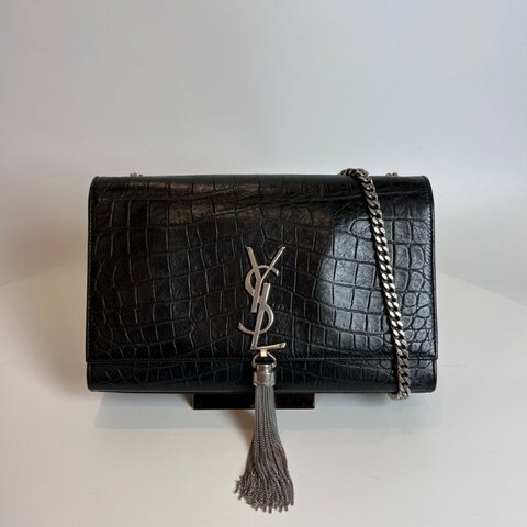 YSL 354119 黑銀鱷魚紋流蘇kate包