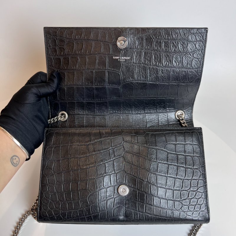 YSL 354119 黑銀鱷魚紋流蘇kate包-5