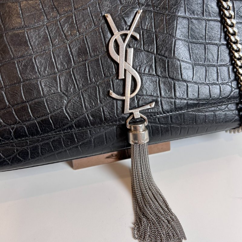 YSL 354119 黑銀鱷魚紋流蘇kate包-9