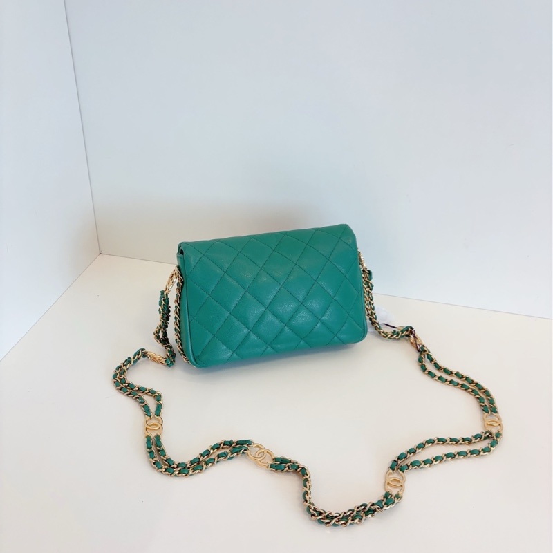 【98新🆕】Chanel 23C 芯片 cf 大mini 綠色金扣 荔枝皮 雙鏈條 斜挎包 口蓋包-1