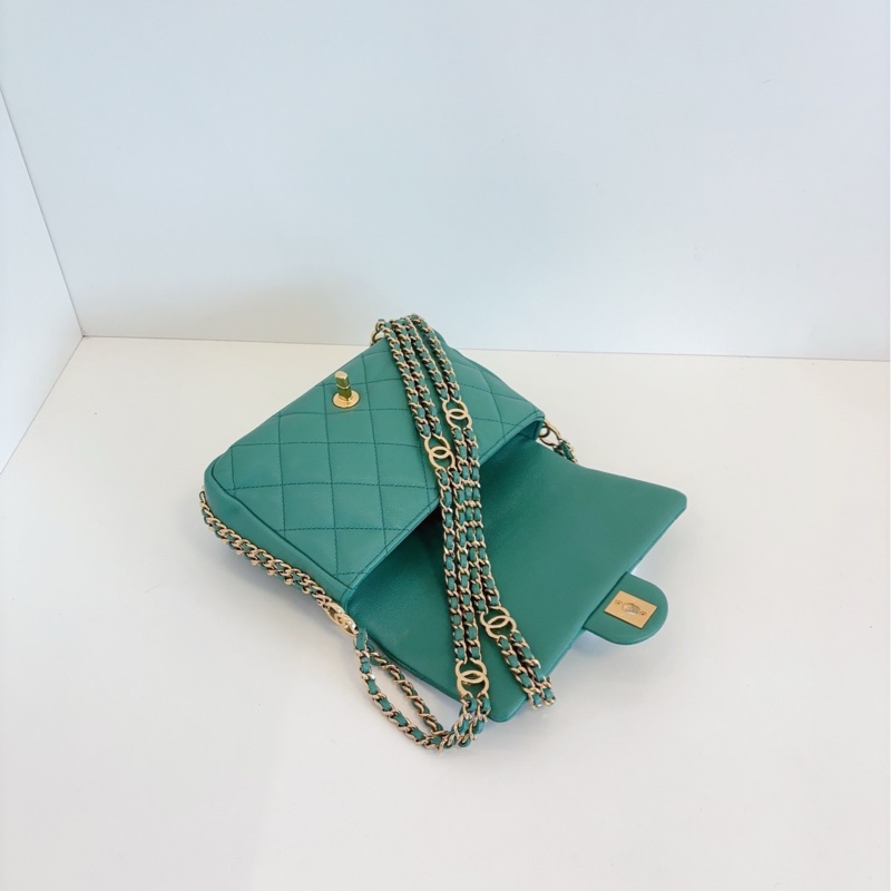 【98新🆕】Chanel 23C 芯片 cf 大mini 綠色金扣 荔枝皮 雙鏈條 斜挎包 口蓋包-4