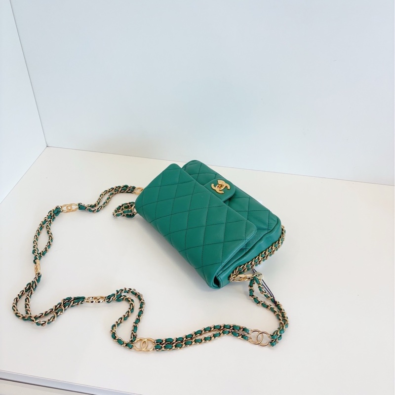 【98新🆕】Chanel 23C 芯片 cf 大mini 綠色金扣 荔枝皮 雙鏈條 斜挎包 口蓋包-5