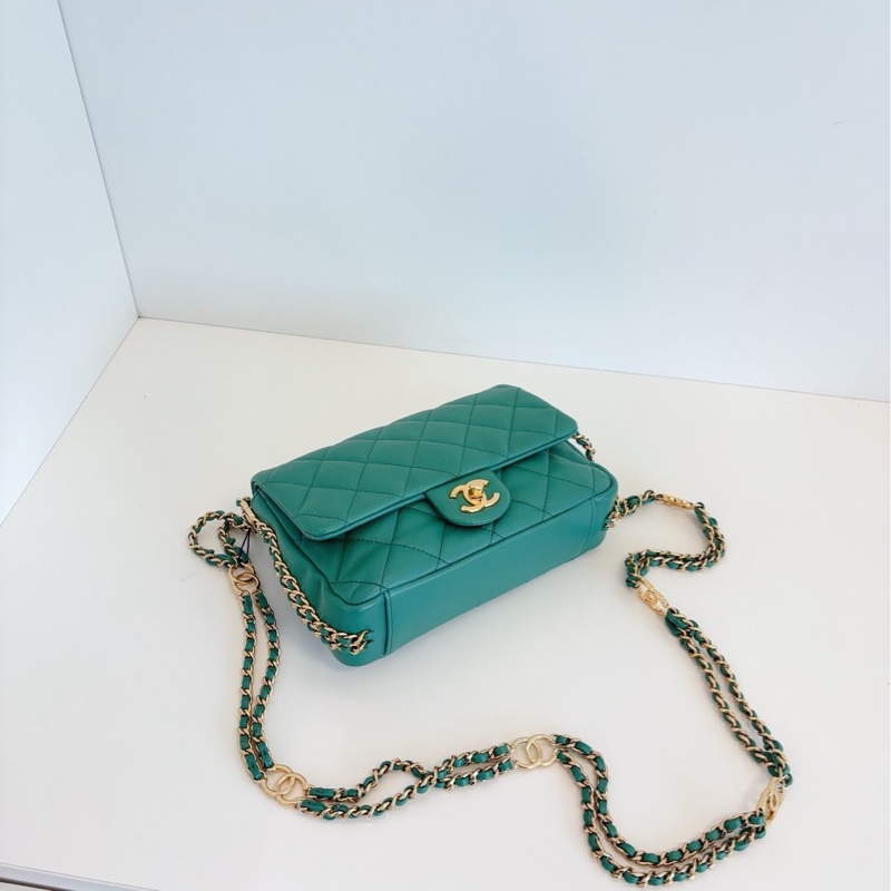 【98新🆕】Chanel 23C 芯片 cf 大mini 綠色金扣 荔枝皮 雙鏈條 斜挎包 口蓋包-6