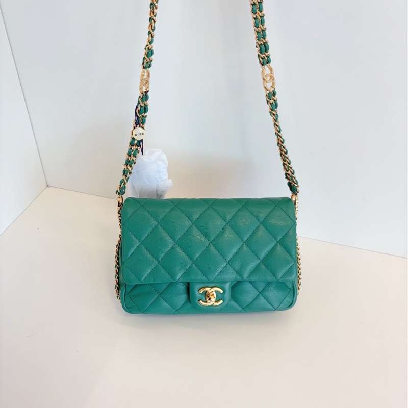 【98新🆕】Chanel 23C 芯片 cf 大mini 綠色金扣 荔枝皮 雙鏈條 斜挎包 口蓋包-7