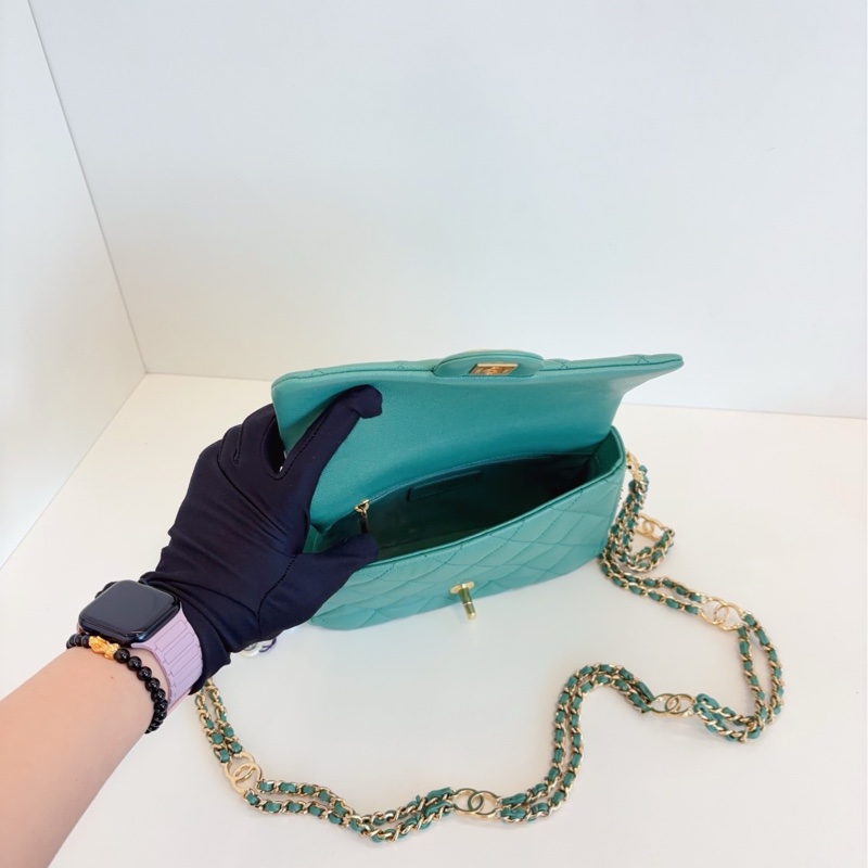 【98新🆕】Chanel 23C 芯片 cf 大mini 綠色金扣 荔枝皮 雙鏈條 斜挎包 口蓋包-8
