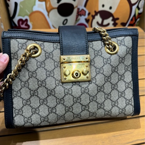 商品名稱：GUCCI Padlock 托特包 烏木色拼黑色 老花 塗層帆布拼牛皮 小號