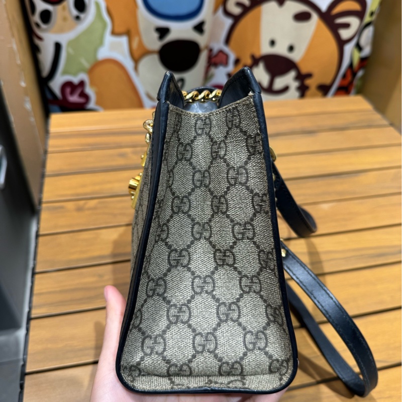 商品名稱:GUCCI Padlock 托特包 烏木色拼黑色 老花 塗層帆布拼牛皮 小號-2