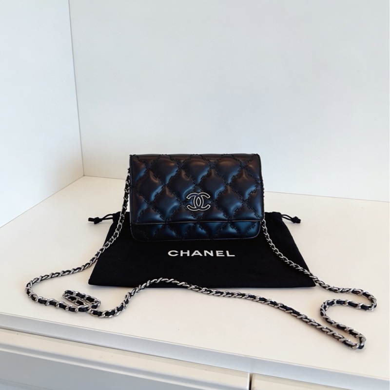 【99新閒置🆕】Chanel 黑銀外縫線 雙C大logo woc 鏈條包 斜挎包-0