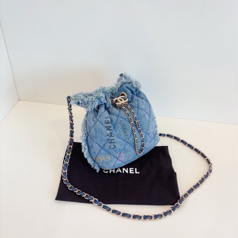 【98新🆕】Chanel 牛仔單寧22bag 大logo抽繩 小水桶斜挎包-2
