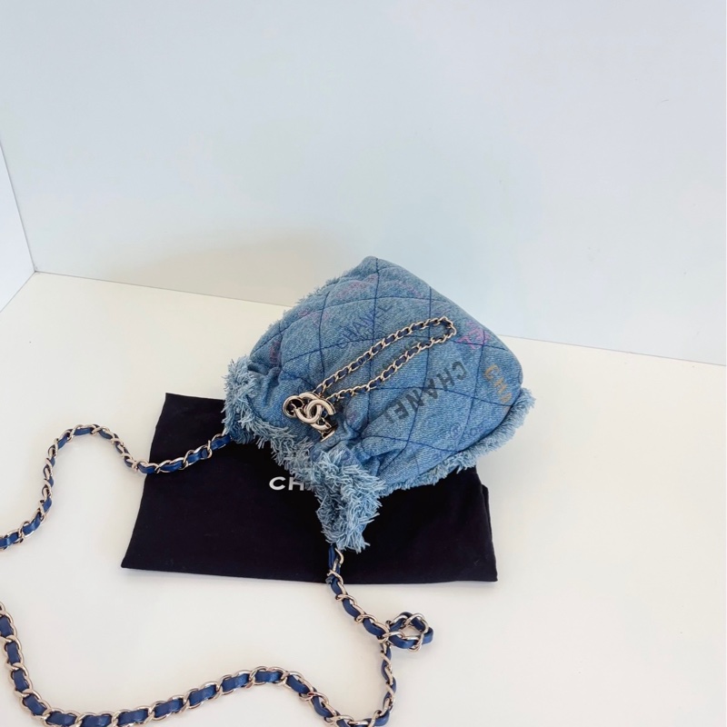 【98新🆕】Chanel 牛仔單寧22bag 大logo抽繩 小水桶斜挎包-4