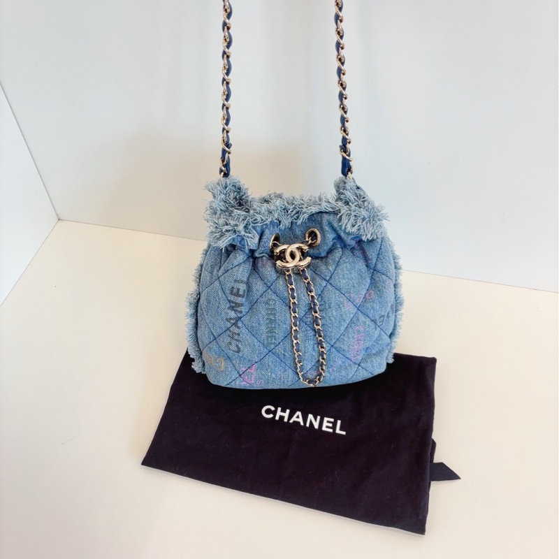 【98新🆕】Chanel 牛仔單寧22bag 大logo抽繩 小水桶斜挎包-7