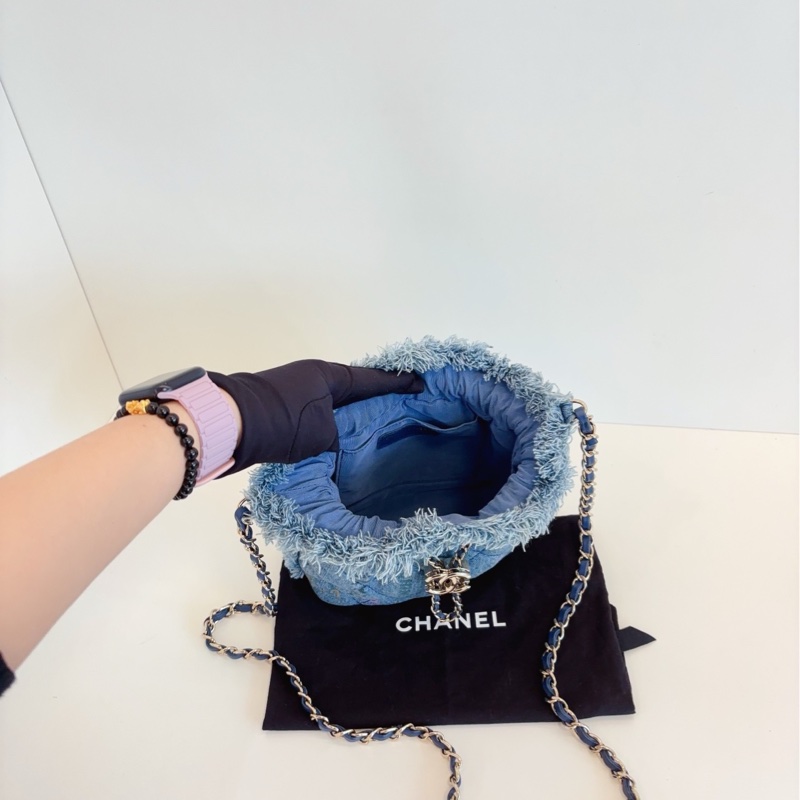 【98新🆕】Chanel 牛仔單寧22bag 大logo抽繩 小水桶斜挎包-8