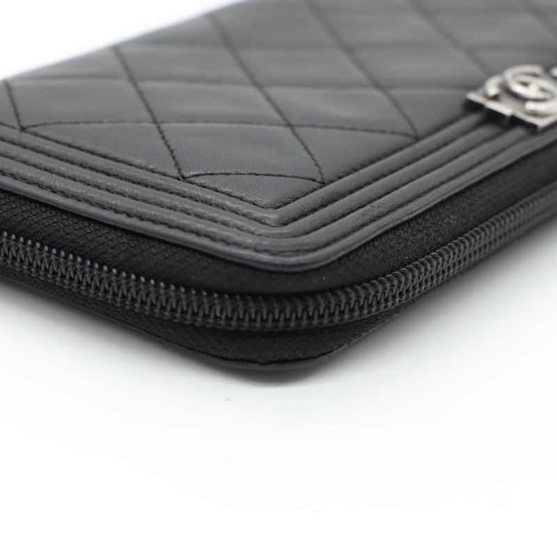 Chanel 香奈兒 Le Boy 菱格紋 黑色  羊皮 拉鍊 長夾 （多卡位、鈔票位）-8