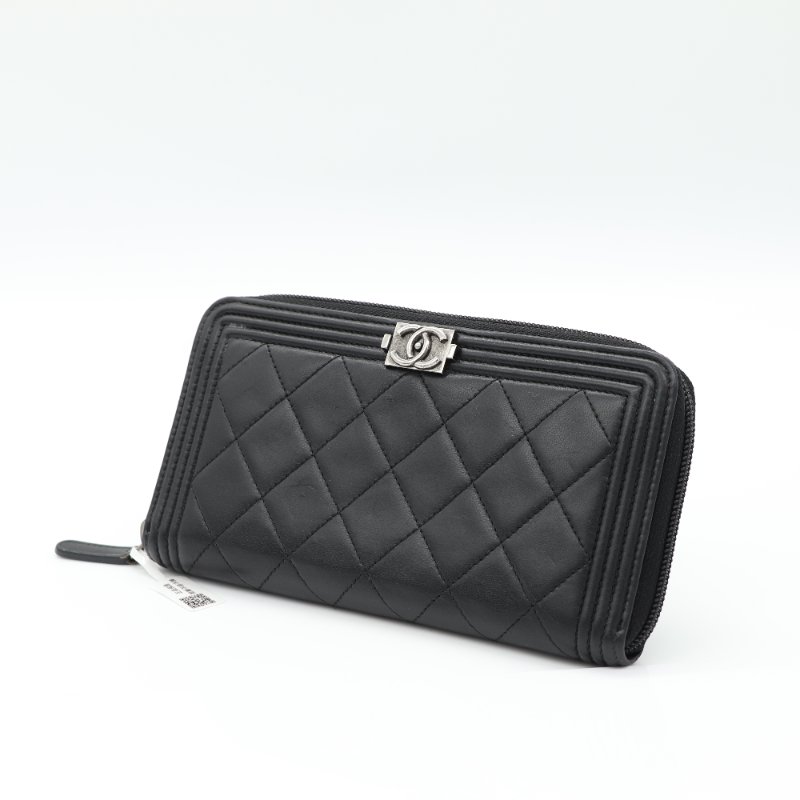 Chanel 香奈兒 Le Boy 菱格紋 黑色  羊皮 拉鍊 長夾 （多卡位、鈔票位）-2
