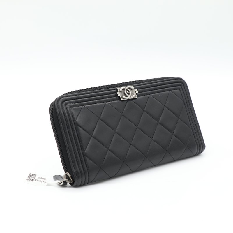 Chanel 香奈兒 Le Boy 菱格紋 黑色  羊皮 拉鍊 長夾 （多卡位、鈔票位）-3